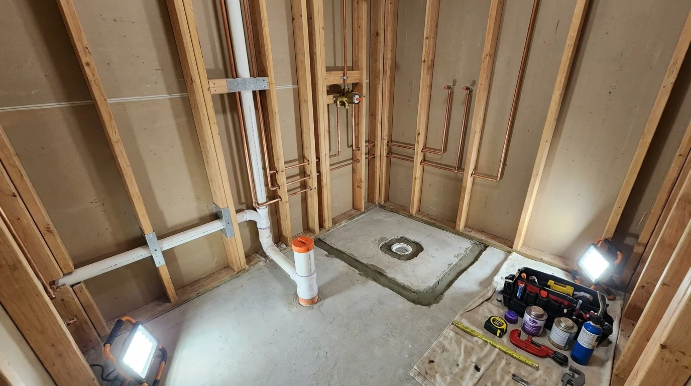 Bathroom rough-in plumbing during remodel by Johns Plumbing LLC in Hartford City