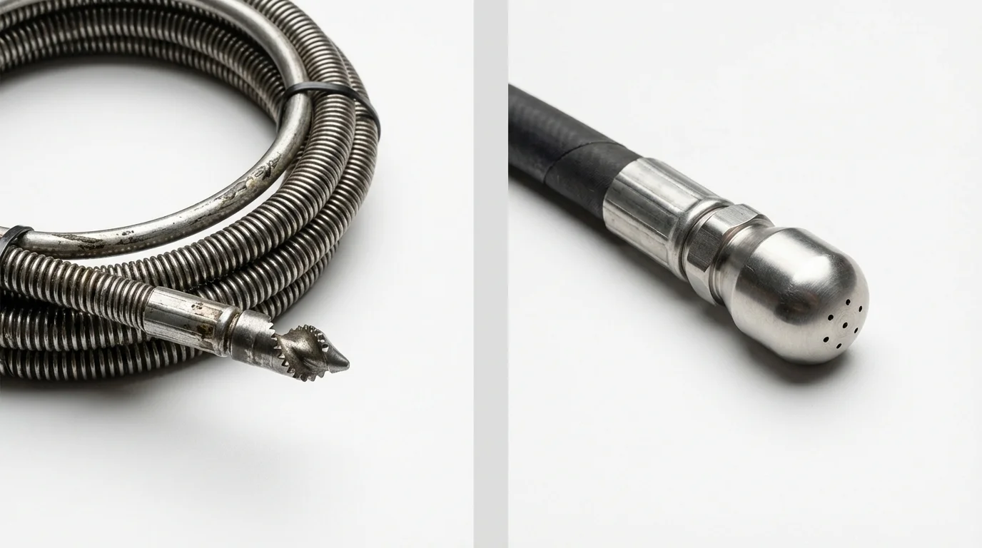 Drain snake cable and hydro jetting nozzle used for drain cleaning in Hartford City, IN