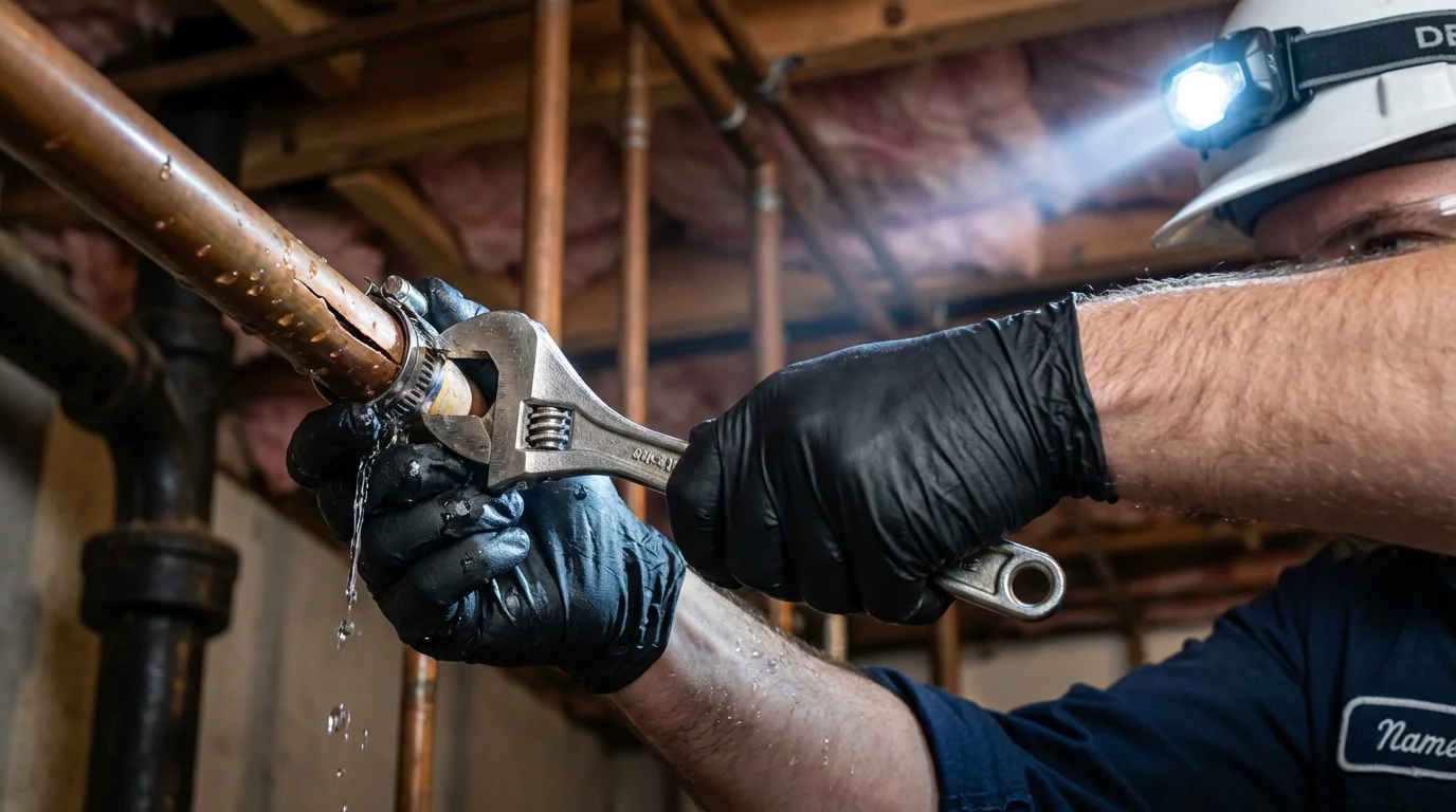 Emergency pipe clamp repair being performed by a Johns Plumbing LLC plumber in Hartford City