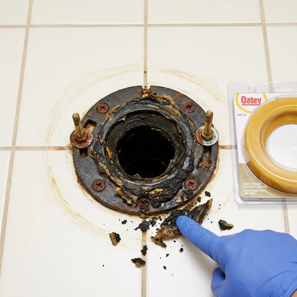 Failed wax ring showing water seepage at the base of a toilet in a Hartford City, IN home