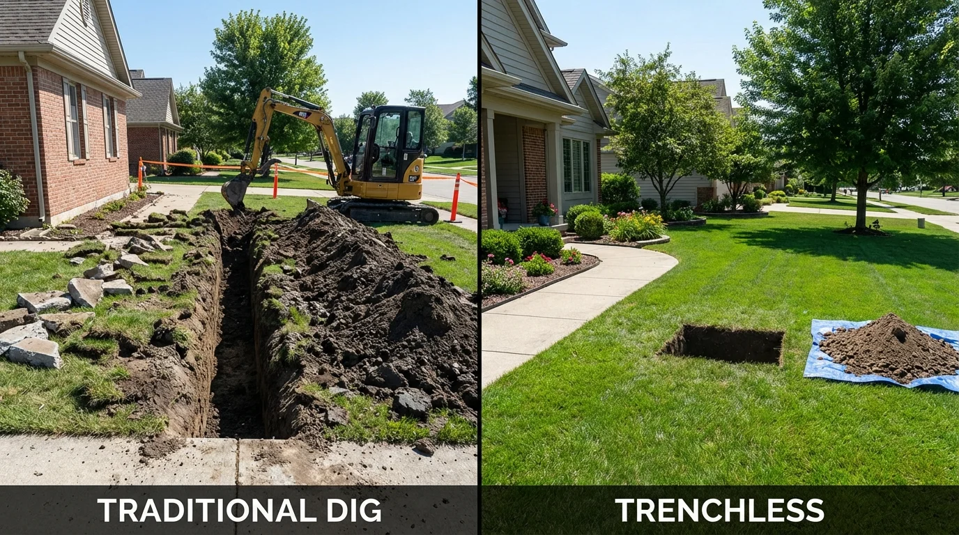 Trenchless sewer repair with minimal yard damage versus traditional excavation in Hartford City, IN