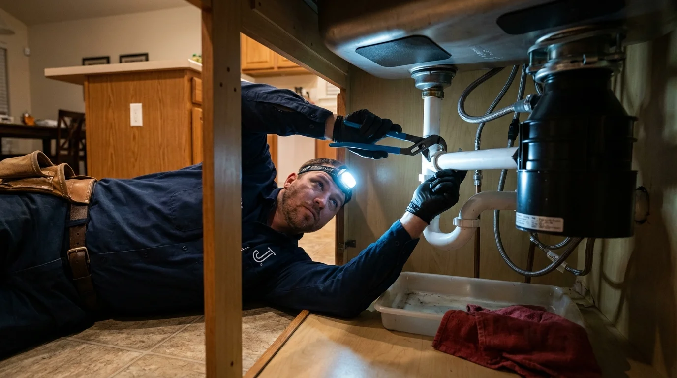 P-trap and supply line connections under a kitchen sink showing a common leak point in Hartford City, IN